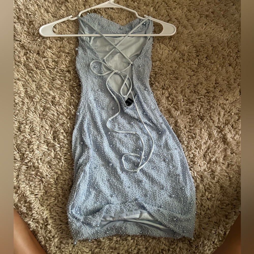 Windsor Light Blue Backless Dress with Bead Accents - Picture 2 of 3